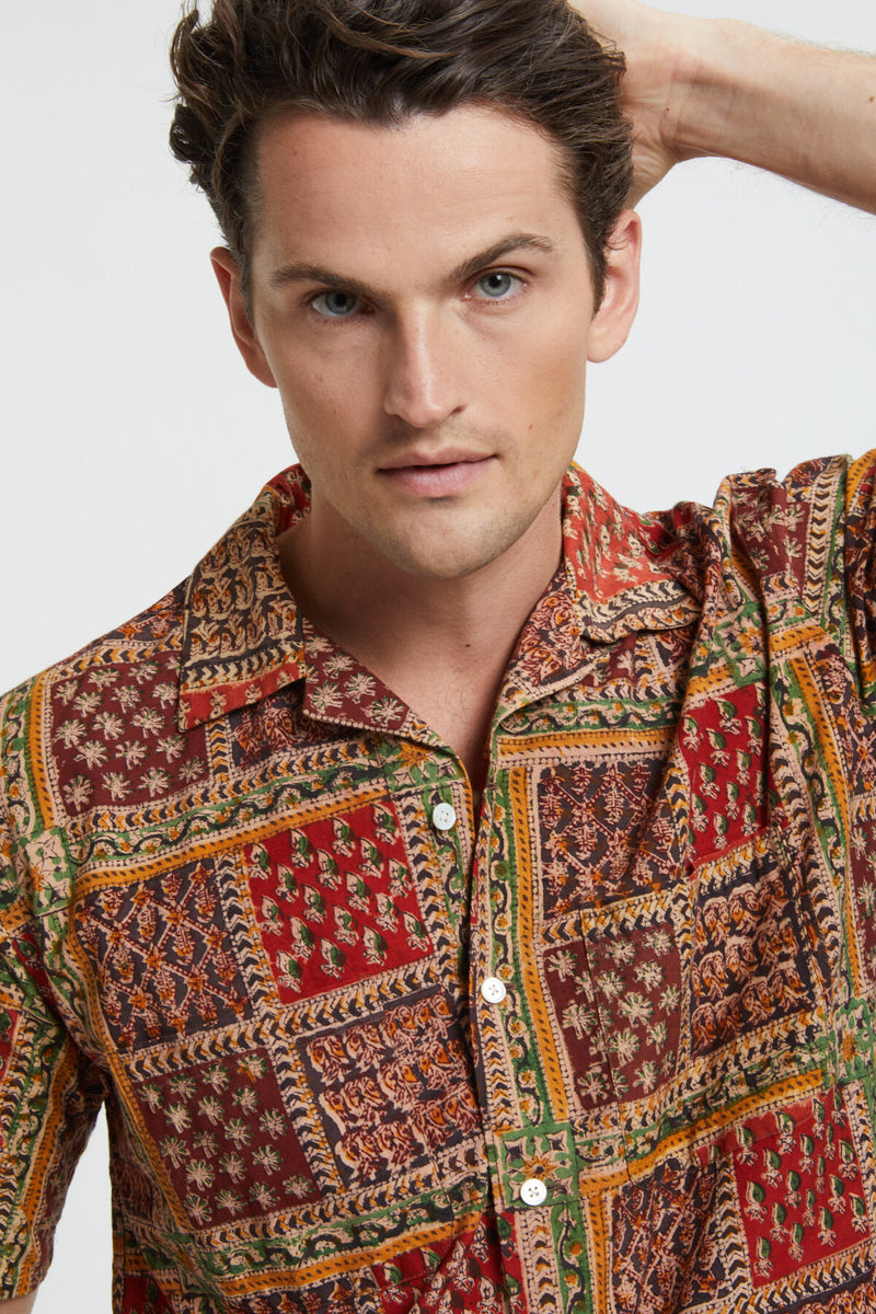 Open Collar Block Print Shirt